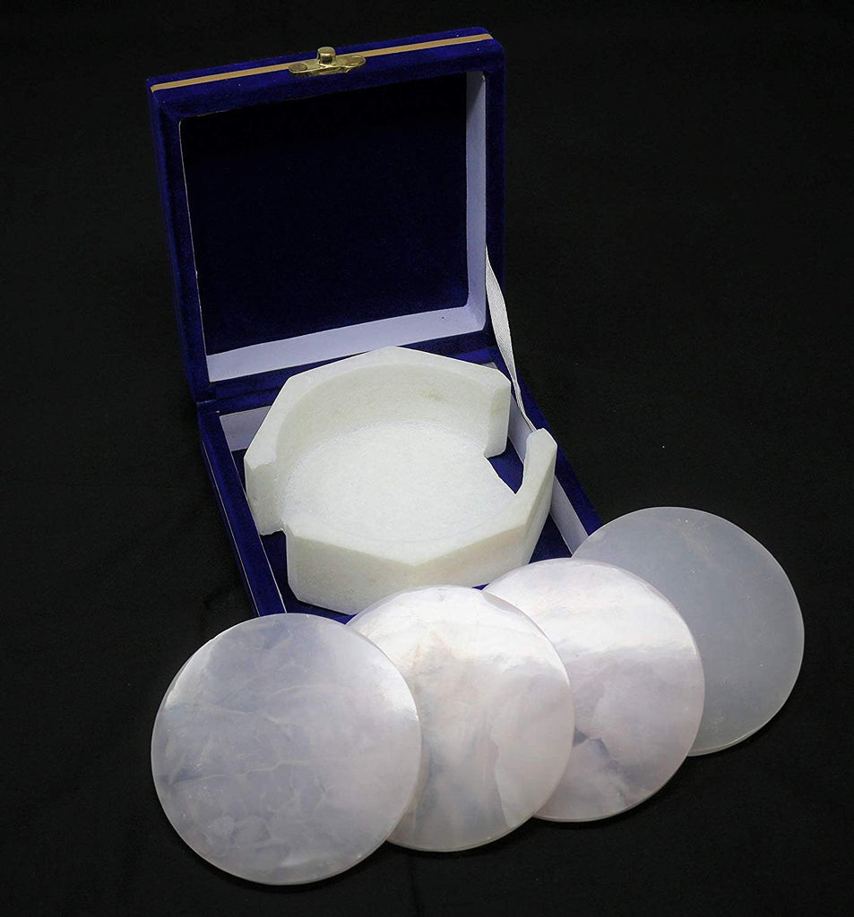 Set of 4 Mangano Calcite Coasters with Octagon Shaped Marble coaster holder