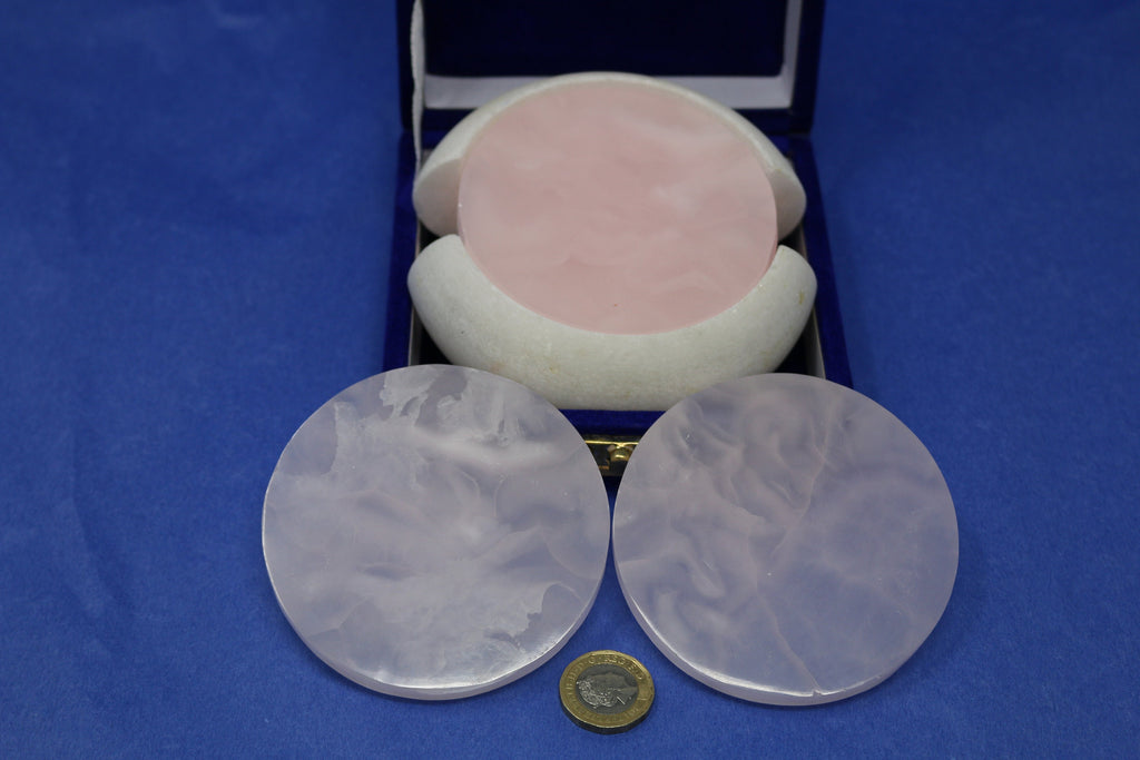 Mangano Calcite Coasters - 4 Coasters in a white marble and velvet box.