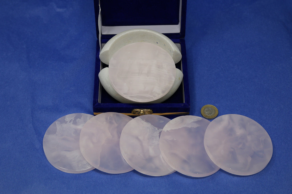 Mangano Calcite Coasters - 4 Coasters in a white marble and velvet box.
