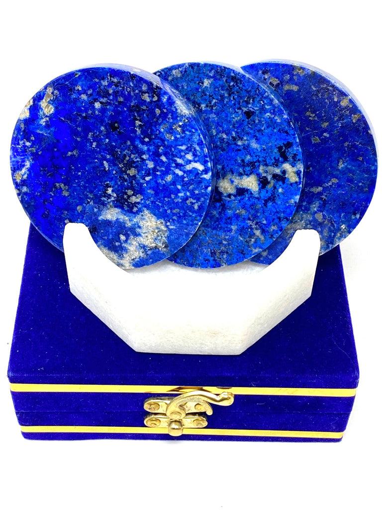 3pc Blue Jean  Lapis Lazuli Coasters with Octagon Shaped Marble coaster holder