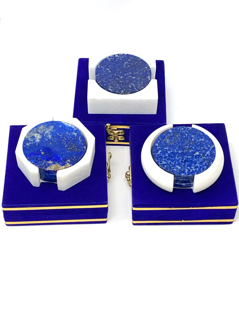 3pc Blue Jean  Lapis Lazuli Coasters with Square Shaped Marble coaster holder