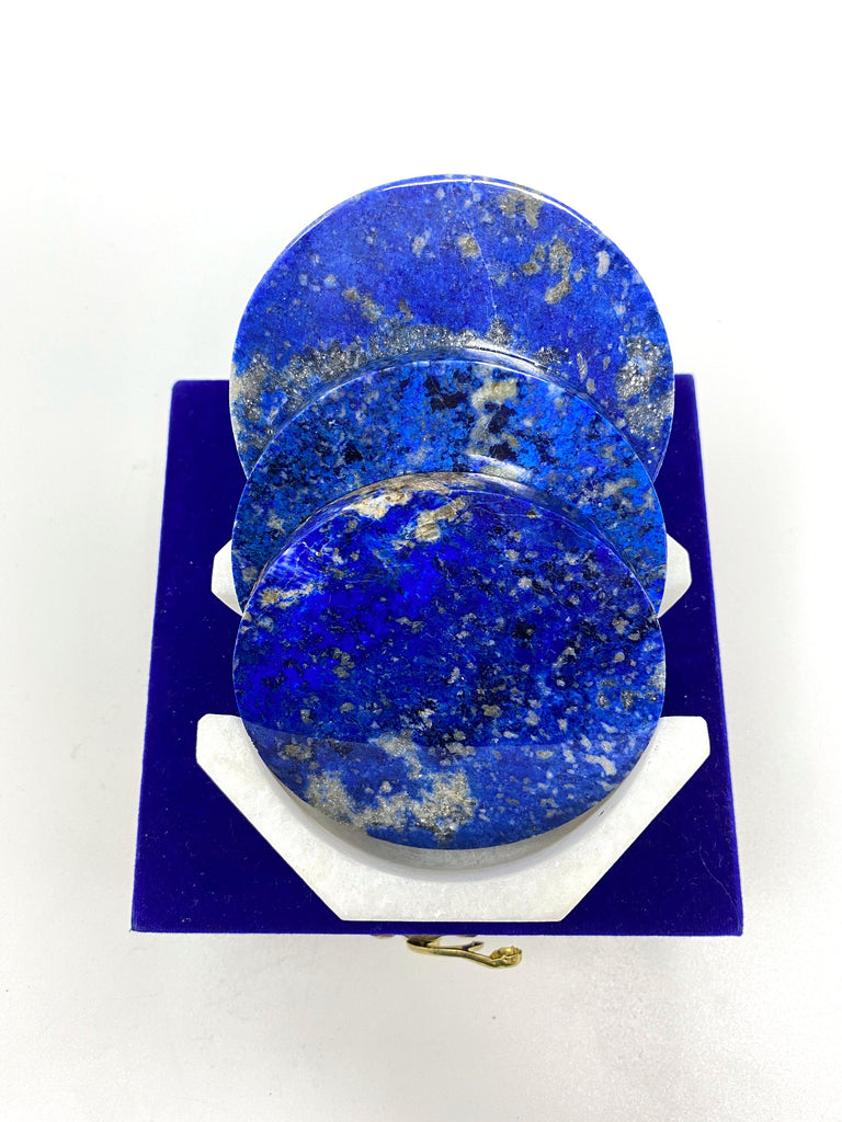 3pc Blue Jean  Lapis Lazuli Coasters with Octagon Shaped Marble coaster holder