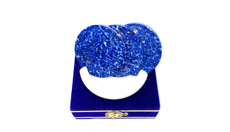3pc Blue Jean  Lapis Lazuli Coasters with Round Shaped Marble coaster holder
