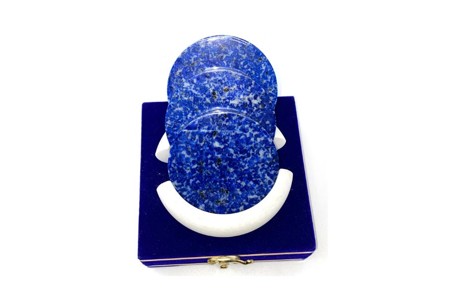 3pc Blue Jean  Lapis Lazuli Coasters with Round Shaped Marble coaster holder