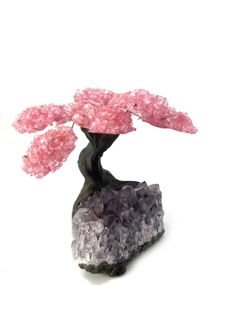 9 Branch Rose Quartz on Amethyst Geode Tree - Rose Quartz Geode Tree On Amethyst Geode (Free 24Hrs UK Delivery)