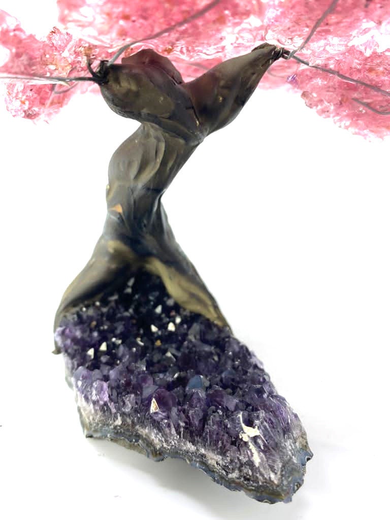 9 Branch Medium Rose Quartz Clustered Gemstone Tree on Amethyst  Cluster  (The Relaxation Tree)
