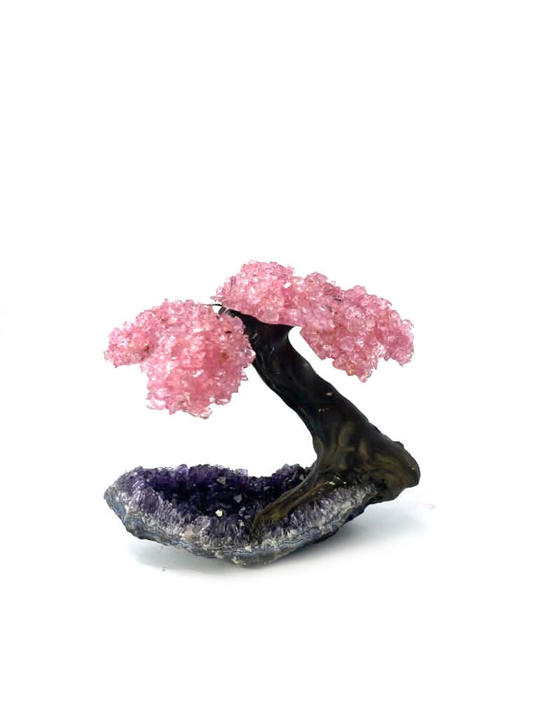 9 Branch Medium Rose Quartz Clustered Gemstone Tree on Amethyst  Cluster  (The Relaxation Tree)