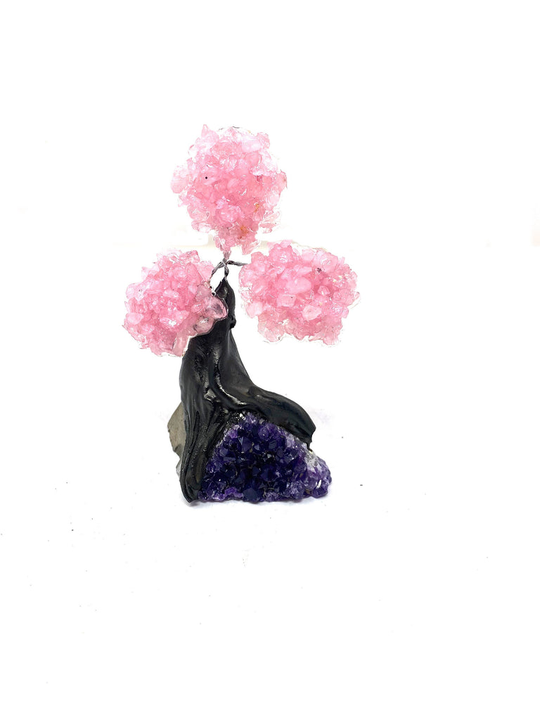 XSmall Rose Quartz Clustered Gemstone Tree on Amethyst Geode (The Relaxation Tree) 48hrs Tracked Delivery *Free*