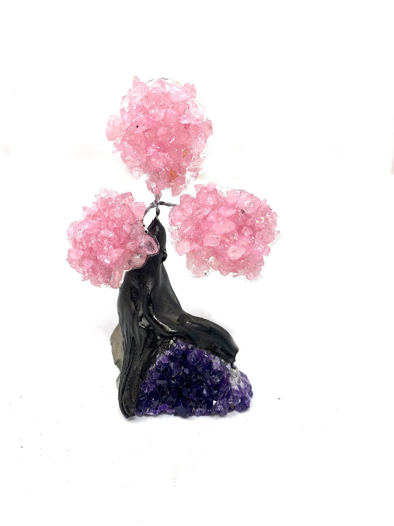 XSmall Rose Quartz Clustered Gemstone Tree on Amethyst Geode (The Relaxation Tree) 48hrs Tracked Delivery *Free*