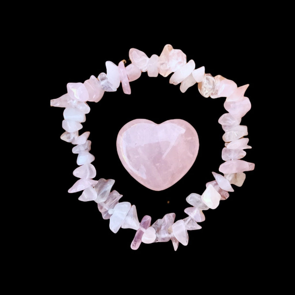 Rose Quartz Set Chip Bracelet & Heart