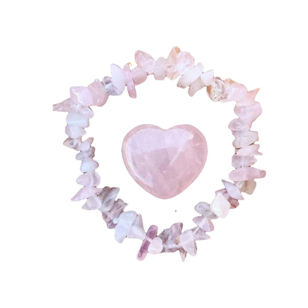 Rose Quartz Set Chip Bracelet & Heart
